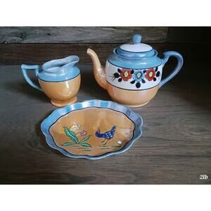 Vintage Japanese Porcelain Lustreware Teapot creamer dish Orange & Blue